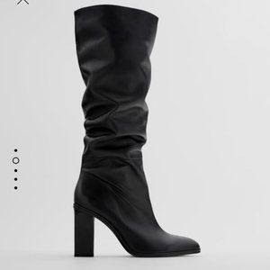 ZARA BLACK SLOUCHY HEELED HIGH SHAFT LEATHER BOOTS
